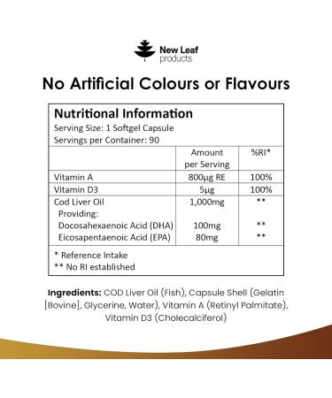 High Strength Cod Liver Oil Capsules 1000mg - 90 Softgels with Omega 3 EPA DHA, Vitamins A & D - UK Made by New Leaf - Buy Online on GoSupps.com