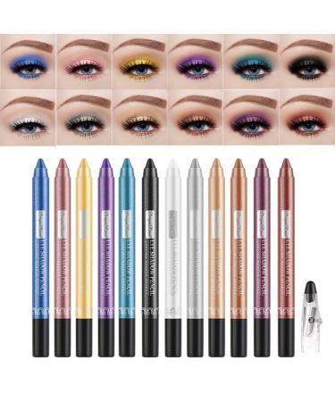 Pakivs 12 Pcs Eyeshadow Stick Set,Long Lasting Glitter Multi-Use Eyeliner Pencil &Eyeshadow Makeup Stick with Sharpener