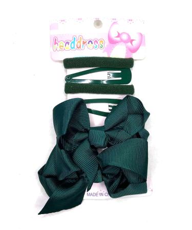6 Piece Set School Hair Set Clips Bobbles Bendies Bow Clips Girls Hair Accessory (Bottle Green Plain)
