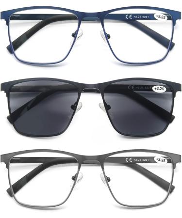 MODFANS 3 Pack Reading Glasses for Men - Blue Light Filter Metal Rectangle Frames Stainless Steel - Black Grey Blue +2.25 - Buy Online on GoSupps.com