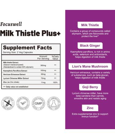 Focuswell Milk Thistle Extract 380mg 80% Silymarin Liver Cleanse & Repair Supplement - 140 Veggie Capsules (2 Pack) with Goji Berry & Zinc - Digestion Support - Buy Online on GoSupps.com