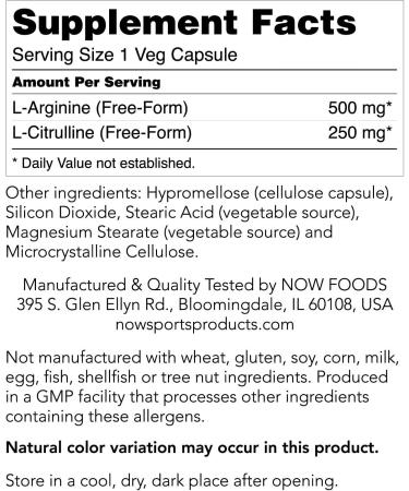 NOW Foods Arginine 500mg & Citrulline 250mg - Vegan Amino Acids for Enhanced Performance - 240 Capsules | International Shipping Available - Buy Online on GoSupps.com