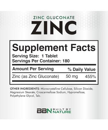 Built By Nature Zinc 50 mg Zinc Gluconate for Highly-Absorbable Immune & Antioxidant Support Promotes Skin Eye & Immune Health Non-GMO Gluten-Free 180 Tablets - Buy Online on GoSupps.com