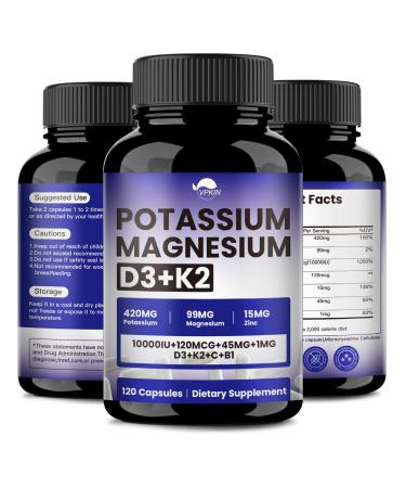 VPKIN Potassium Magnesium Zinc & D3 K2 Supplement Support Immune Energy for Men&Women Maxmium Absorption Vegan Non-GMO 120 Capsules (Pack of 1)