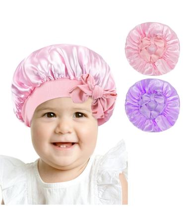 Arqumi Silk Satin Bonnet for Kids 2Pcs Soft Baby Bonnet Sleeping Cap with Elastic Strap Adjustable Night Cap Hair Bonnet for Toddler Child Teens Pink&Purple One Size Pink&Purple