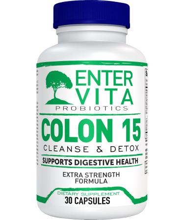 Entervita Colon Cleanser & Detox - 15-Day Gut Cleanse with Probiotics & Herbs - Promotes Digestion Bowel Movements & Energy - Non-Irritating Formula - 30 Capsules