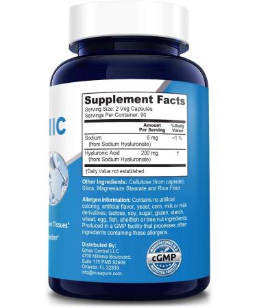 Hyaluronic Acid 200mg 180 Veggie Capsules - Non-GMO & Gluten Free - Buy Online on GoSupps.com