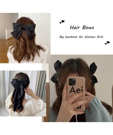 Black Hair Bow Set - 5 Oversized Satin Ribbon Hair Clips for Women and Girls | French Barrettes Hair Accessories Gift - Buy Online on GoSupps.com