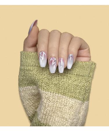 Sethexy Ombre Short Ballerina Press-On Nails - Pink Acrylic Crystal Fake Nails - 24-Piece Wedding Set for Women & Girls - Buy Online on GoSupps.com