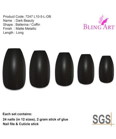 Bling Art Black Metallic Ballerina Coffin False Nails - 24 Long Tips with Glue | International Shipping Available - Buy Online on GoSupps.com
