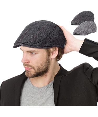 2 Pack Men's Herringbone Tweed Wool Blend Newsboy Hats - Classic Flat Cap Ivy Cabbie Driving Hat (Black/Grey) - Buy Online on GoSupps.com
