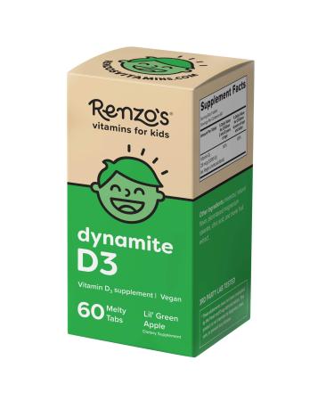 Renzo's Vitamin D3 for Kids - Vegan Vitamin D for Kids with Zero Sugar, Non-GMO Vitamin D3 1000 IU, Lil' Green Apple Flavor, Dissolvable and Easy to Take Chewable Vitamin D Tablets 60 Melty Tabs