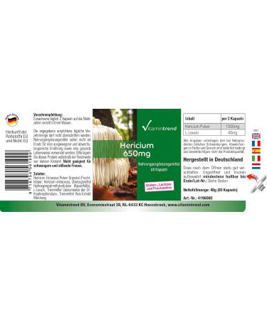 Hericium Powder 650 mg - 60 Capsules Functional Vital Fungus Adaptogen Highly Dosed Vegan | Vitamintrend  - Buy Online on GoSupps.com
