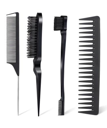 4Pcs Hair Brush Styling Combs Set  Anmieciu Bristle Hair Edge Brush  Teasing Brush Comb  Rat Tail Comb and Wide Tooth Comb for Women Girls Men Combing  Smoothing and Styling Hair (Black)