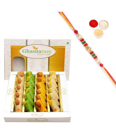Ghasitaram Gifts Rakhi Gifts for Brothers Sugarfree Assorted Rolls Box 400 GMS with Beads Rakhi