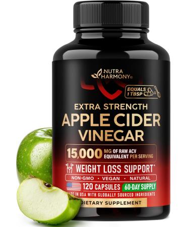 Apple Cider Vinegar Capsules - 15000 mg of Raw Apple Cider Vinegar Equivalent - 100% Natural Pure ACV - Energy Metabolism & Weight Loss Support - Made in USA Lab Tested - 120 Capsules 60-Day Supply