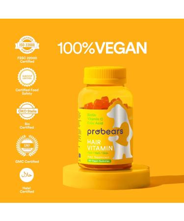 Probars Biotin (B7) Vegan Hair Vitamins - 10 000 mcg Gummy Bears for Hair Loss | Gelatin-Free Halal Multivitamin A B5 B6 B12 C D2 E - 60 Pieces - Buy Online on GoSupps.com