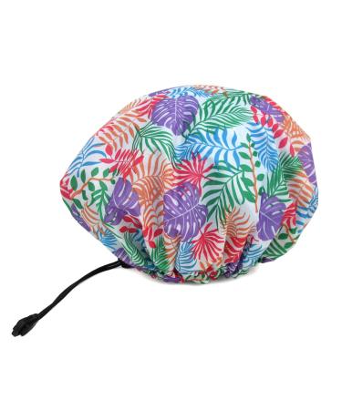 1 Pcs Adjustable Large Shower Cap with Elastic Band and Fixing Buckle Waterproof Reusable Bath Cap for Women (02 Colored Leaves)