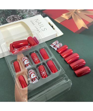 Christmas Press on Nails Cute Snowman & Snowflake Design | Glossy Red False Nails | Medium Square | Reusable Stick-on Nails for Holiday Manicure - Buy Online on GoSupps.com