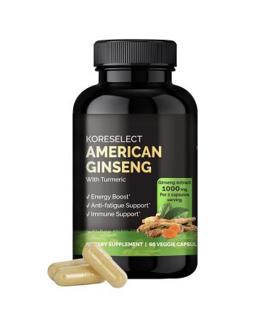 KORESELECT American Ginseng Capsules - 1000 mg American Ginseng Extract for Pre Workout Energy & Immune Support Ginseng Supplement with Turmeric Extract - 60 Capsules