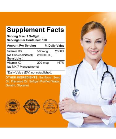 Vitamin D3 20,000 IU + K2 200mcg - Bone & Immune Health Support - 240 Easy-to-Swallow Softgel Servings - Buy Online on GoSupps.com
