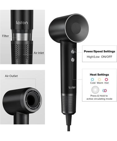 Laifen Negative Ionic Hair Dryer with 110,000 RPM Brushless Motor - Fast Drying, Low Noise, Thermo-Control, Magnetic Nozzle - Jet Black - Buy Online on GoSupps.com