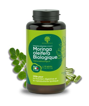 90 Organic Moringa Capsules | The Only Spanish Organic Moringa Made in Italy | Vegans Without Additives | Super Antioxidant Rich in Vitamins and Vegetable Proteins | High Quality RedMoringa