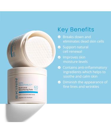 SKINN Multi-Acid Resurfacing Pads - Glycolic Lactic & Salicylic Acid Exfoliating Peel for Face Neck & Decollete | 60 Pads for Brightening & Toning Skin - Buy Online on GoSupps.com