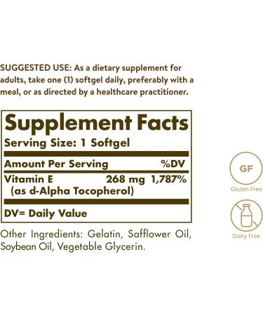 Solgar Vitamin E 268mg (400 IU) Softgels - Natural Antioxidant for Skin & Immune Support - Gluten & Dairy Free - 360 Servings - Buy Online on GoSupps.com