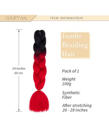 Gairyan Jumbo Braids Extensions - 100g 60cm Ombre Synthetic Braiding Hair for Box Crochet Braids (Black/Red) - Buy Online on GoSupps.com