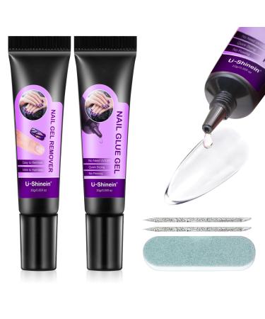 Solid Nail Glue Gel 10g Upgraded 10s Quickly Dry Nail Glue Gel for Press On Nails with 10ml Gel Remover Sticks Nail File Super Strong No Need UV Lamp Solid Adhesion Nail Gel Long Lasting Set A