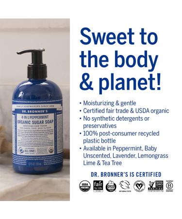 Dr. Bronner's Organic Peppermint Sugar Soap 12 oz - 4-in-1 Cleansing for Hands, Body, Face & Hair - Vegan & Non-GMO - Made with Organic Oils, Sugar & Shikakai Powder - Buy Online on GoSupps.com