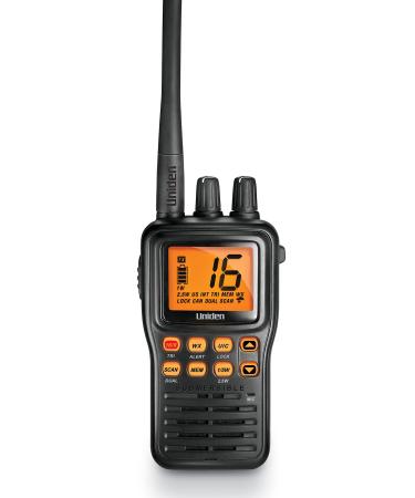 Uniden MHS75 Waterproof Handheld 2-Way VHF Marine radio, Submersible, Selectable 1/2.5/5 Watt Transmit Power. All USA/International and Canadian Marine Channels - Color Black