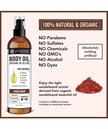 pureSCRUBS Sandalwood Body Oil Spray - Ultra Moisturizing Organic Blend for Dry Skin, Massage, Cuticles & More - Jojoba, Argan, Coconut, Sweet Almond & Avocado Oils with Vitamin E - 4oz - Buy Online on GoSupps.com