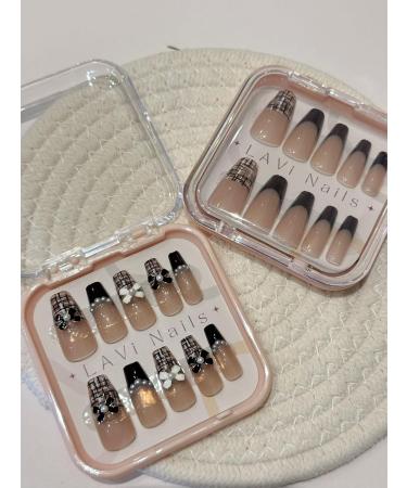 Long Stiletto French Checked Bow Pearl Black and White Fake Press On Nails - Buy Online on GoSupps.com