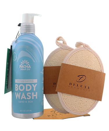 Pacha Sand & Sea 5-in-1 Body Face and Hand Wash Shaving Gel Bubble Bath and - 2 Loofahs - Shower Gel Shower Soap Liquid Soap Body Soap 16 FZ