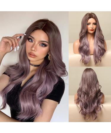 FORCUTEU Ombre Purple Wigs for Women Long Wavy Purple Wig Middle Part Purple Wig Heat Resistant Fiber Dark Brown Roots for Daily Costume Party (Ombre Purple)