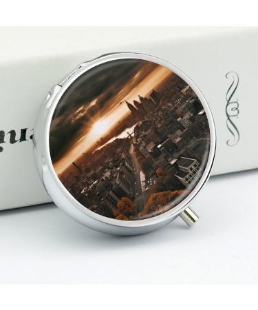 Round York City Sunset Pill Box - 3 Compartment Decorative Metal Organizer | Portable Pocket Medicine Case Style-18 - Buy Online on GoSupps.com