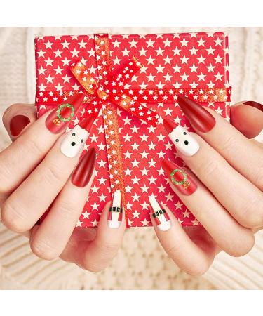 Brishow christmas artificial nails to stick on snowman press on nails red false nails ballerina acrylina full cover 24 pieces for women and girls (1)