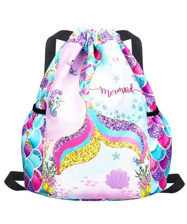 RHCPFOVR Drawstring Backpack for Kids - Mermaid Bags for Girls Mini Gym Dance Beach Swim Travel Bag With Two Water Bottle Holder