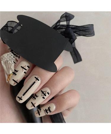 Inateannal Glossy Long False Nails Beige Graffiti Fake Nails French Ballerina Coffin False Nails Stick on Nails Tips for Women and Girls style 1