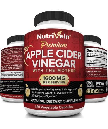 Nutrivein Apple Cider Vinegar Capsules 1600mg - 120 Vegan Pills for Weight Loss, Detox, Digestion - Keto Friendly - Supports Immune System - ACV Raw - Vegan Formula - Buy Online on GoSupps.com