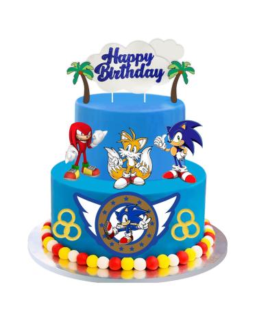 ALPXEL Blue Hedgehog Happy Birthday Cake Topper Cake Decorations Cartoon Themed Inspired Cake Decor Go Theme Party Cake Decor Glitter Kids Boys Girls Birthday Party Supplies (SS2)
