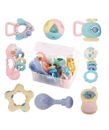 WISHTIME Baby Rattles Teether Baby Toys - Newborn Toys Rattle Musical Toy Set Shaker Grab and Spin Early Educational Toys for Baby Infant Newborn Christmas Gifts 8 Piece Set 8.0