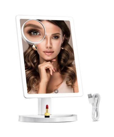 SOKEA Large Lighted Makeup Mirror - Portable Vanity Mirror with 88 LED Lights and Magnification, Lighted Vanity Mirror with 10X Magnifying Mirror, 3 Colors Lighting Modes, Stepless Dimming, Women Gift A- White
