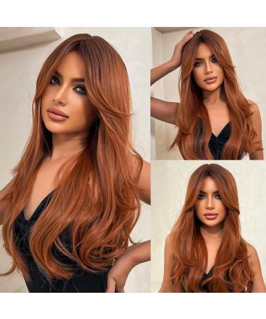 Szphoxer Auburn Wigs for Women Layered Wig with Bangs Long Straight Hair Wig Copper Brown Wigs Natural Synthetic Hair Heat Resistant Wigs for Daily Party Cosplay Use