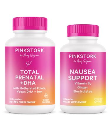 Pink Stork First Trimester Essentials Supplement Bundle - Total Prenatal Vitamin + DHA and B6 Ginger Electrolyte Capsule for Morning Sickness Pregnancy Must Have