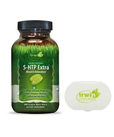 Irwin Naturals 5-HTP Extra Double Potency Mood & Relaxation Seratonin Production Plus L-Theanine, Rhodiola, Saffron & Holy Basil- 60 Liquid Soft-Gels - Bundle with a Pill Case