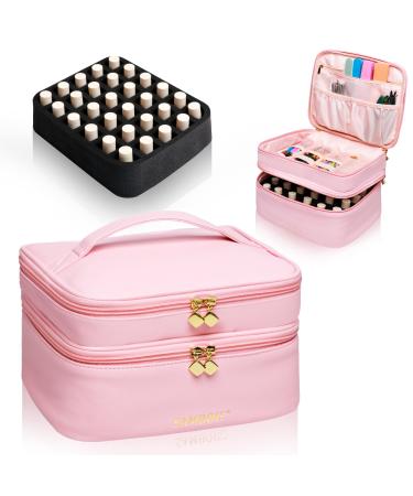 Sambois Portable Travel Nail Polish Carrying Case PU Leather Nail Polish Bag Holds 30 Bottles (15ml-0.5fl.oz) Double-layer Nail Polish Organizer Storage Bag for Manicure Set Nail Tools - Pink