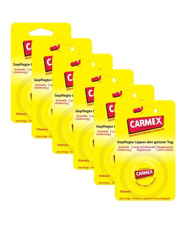 Carmex Classic Tiegel - Lip Balm for Dry Lips - Moisturizing and Soothing for Chapped Lips - With Vaseline Vitamin E and Beeswax - 6 x 7.5 g